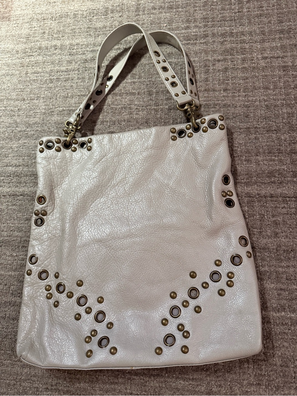 Grommet Studded Leather Tote Bag in Putty